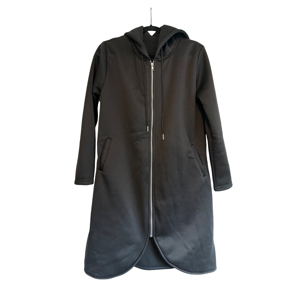 Womens Black Scuba Fleece Lined Longline Zip Up‎ Hooded Jacket Tulip Hem Size L